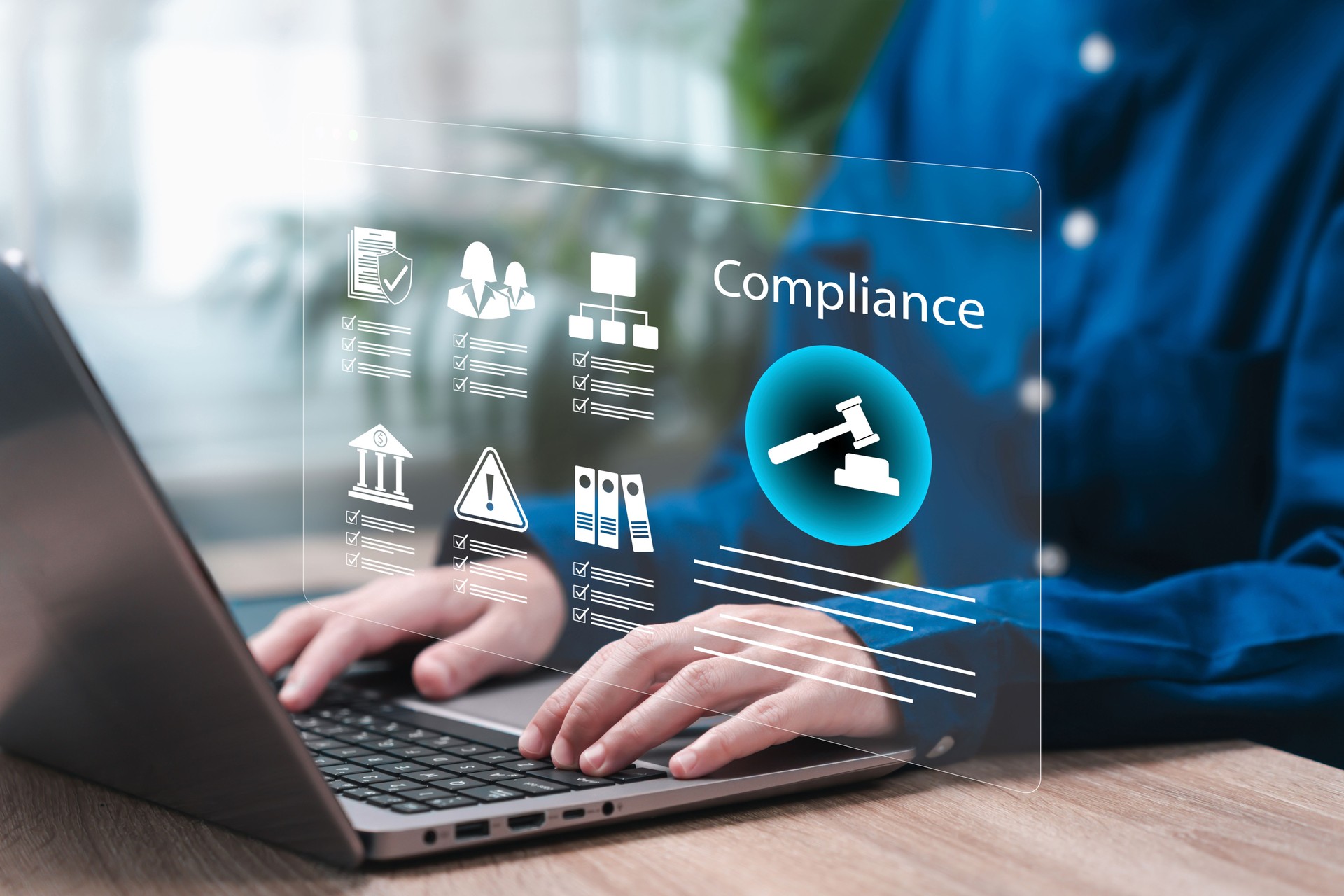 Professional Businesswoman Managing Financial Compliance, Digital Document Review, Corporate Governance, Risk Assessment, Regulatory Standards, Secure Audit Process, Risk, Compliance with the law