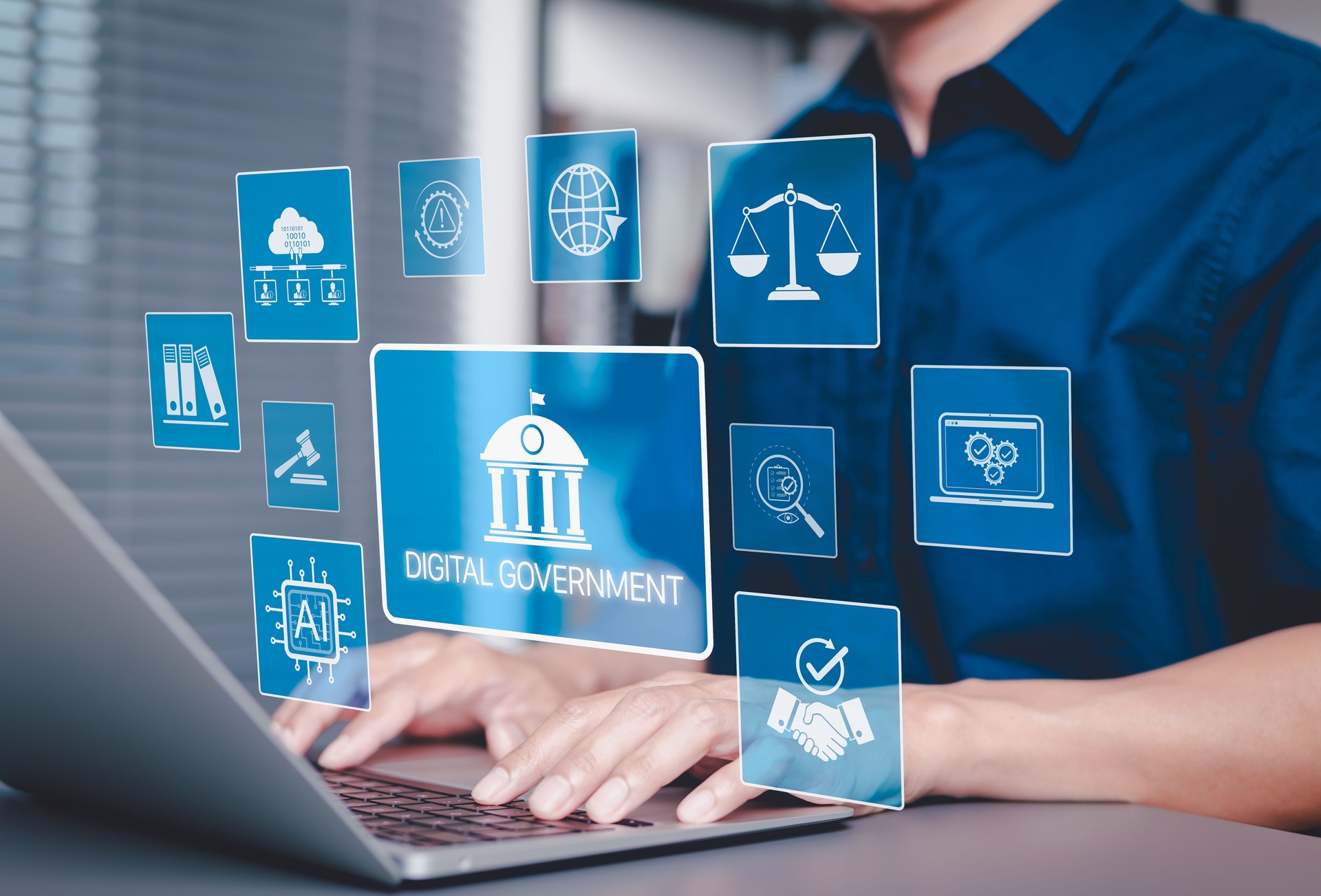 Digital Government and Online Public Services Technology. Man using laptop with icons digital government systems, AI, cloud technology, law, and digital transformation in public administration.